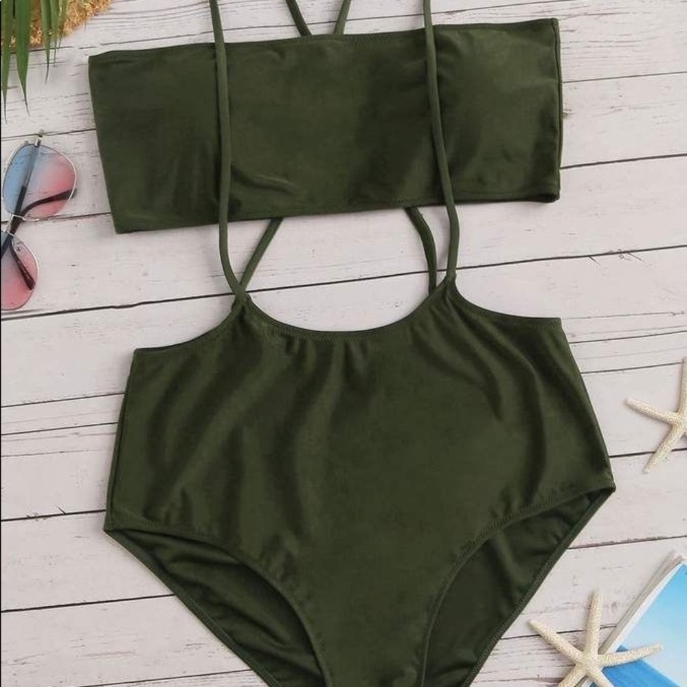 High waisted suspender bandeau bikini